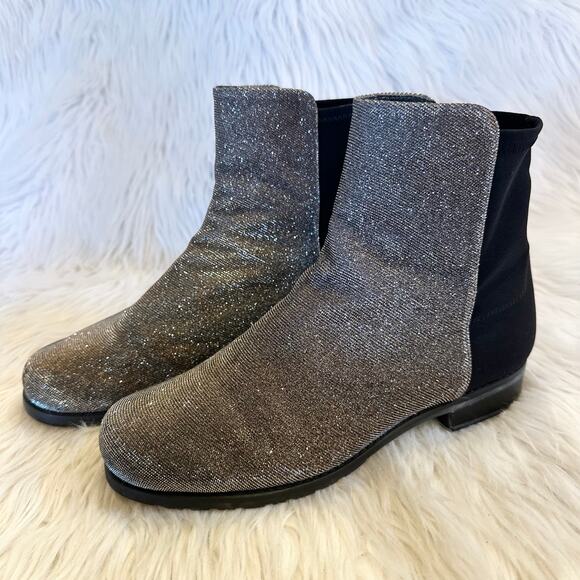 Stuart Weitzman 5050 Glitter Ankle Boot Flat Sparkle Pyrite Nocturn Silver Black - Picture 3 of 8